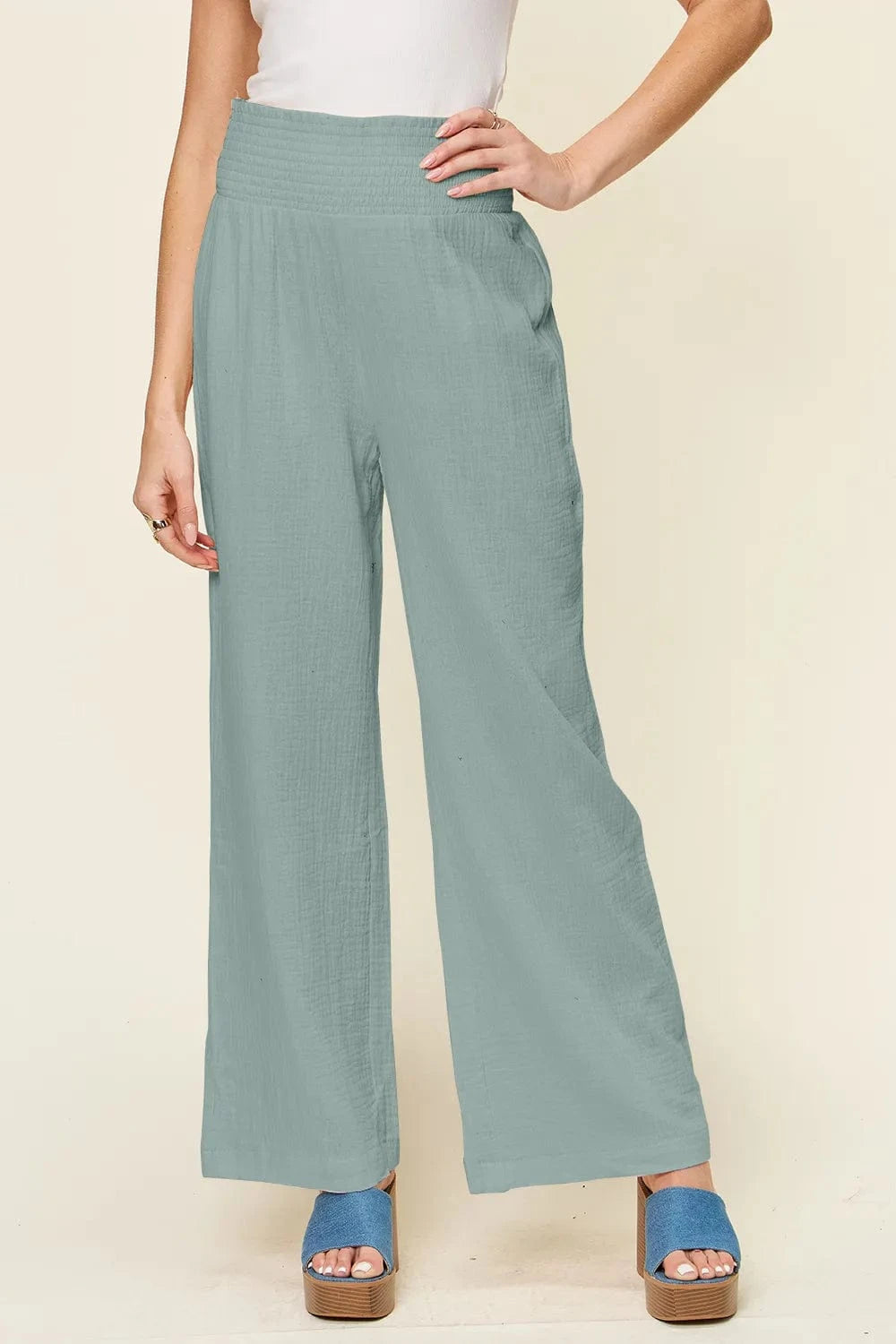 Double Take (Oh) Dresses Teal / S Double Take Full Size Texture Smocked Waist Wide Leg Pants