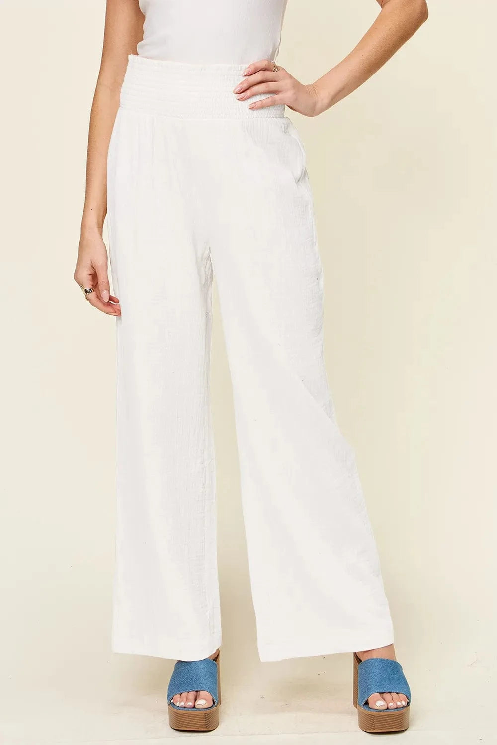 Double Take (Oh) Dresses White / S Double Take Full Size Texture Smocked Waist Wide Leg Pants