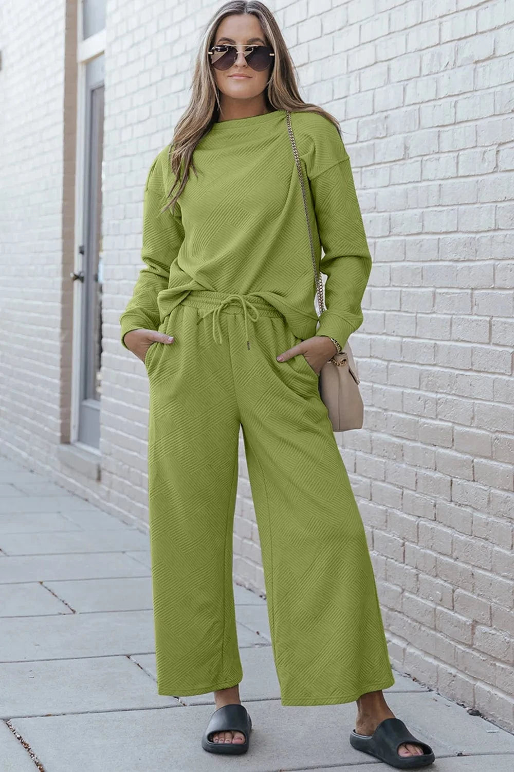 Double Take (Oh) Dresses Yellow-Green / S Double Take Full Size Textured Long Sleeve Top and Drawstring Pants Set