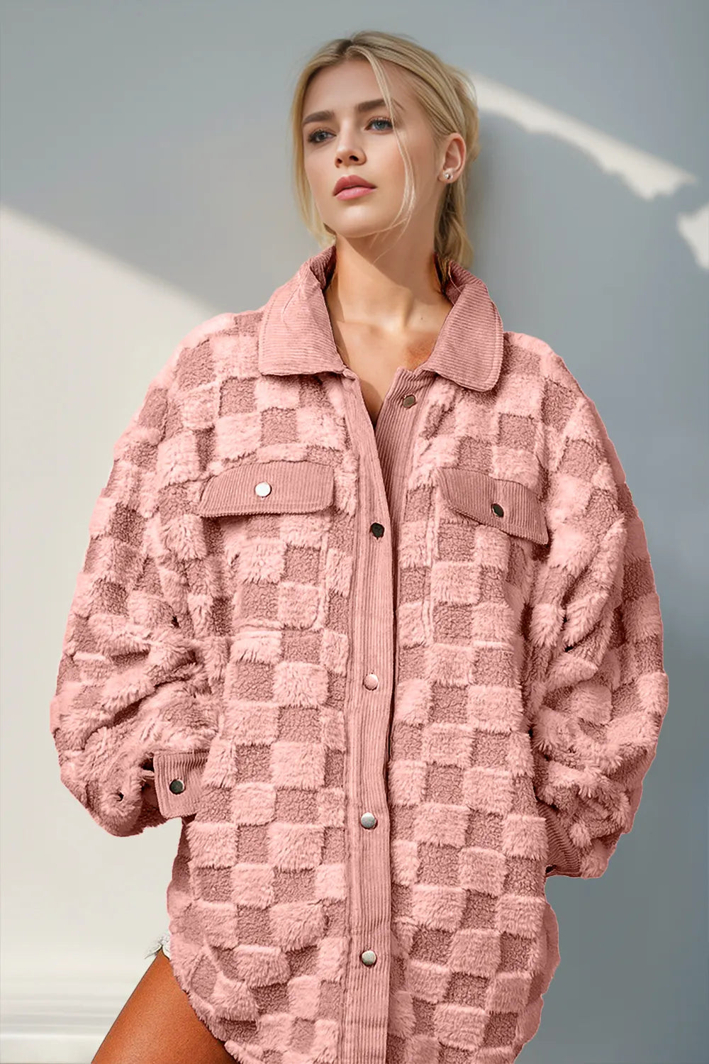 Double Take (Oh) Dusty Pink / S Double Take Button Up Fuzzy Checkered Shacket