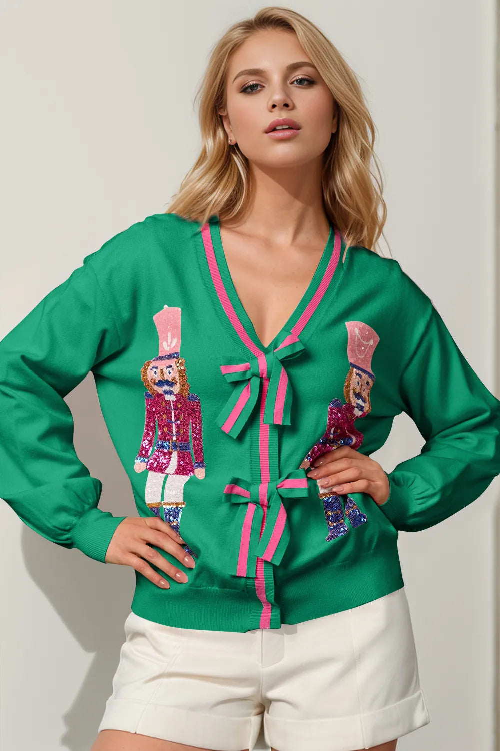 Double Take (Oh) Green / S/M Double Take Full Size Nutcracker Sequin Bow Decor Cardigan