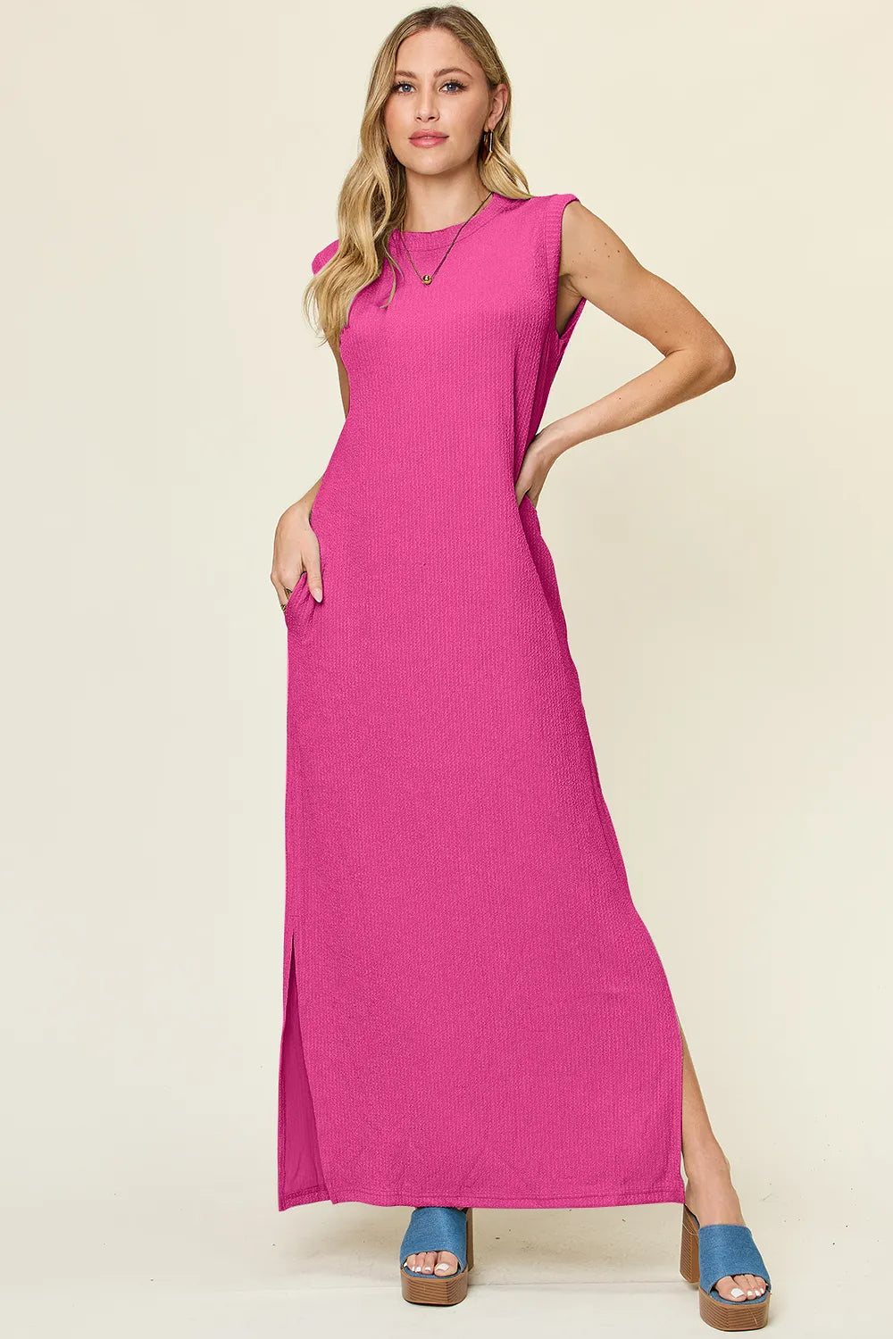 Double Take (Oh) Hot Pink / S Double Take Full Size Texture Mock Neck Sleeveless Maxi Dress