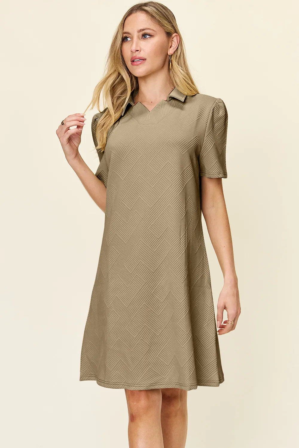 Double Take (Oh) Khaki / S Textured Collared Short Sleeve Dress – Casual Full Size Fit