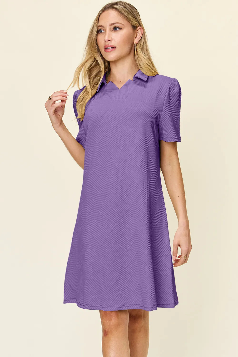 Double Take (Oh) Lavender / S Textured Collared Short Sleeve Dress – Casual Full Size Fit