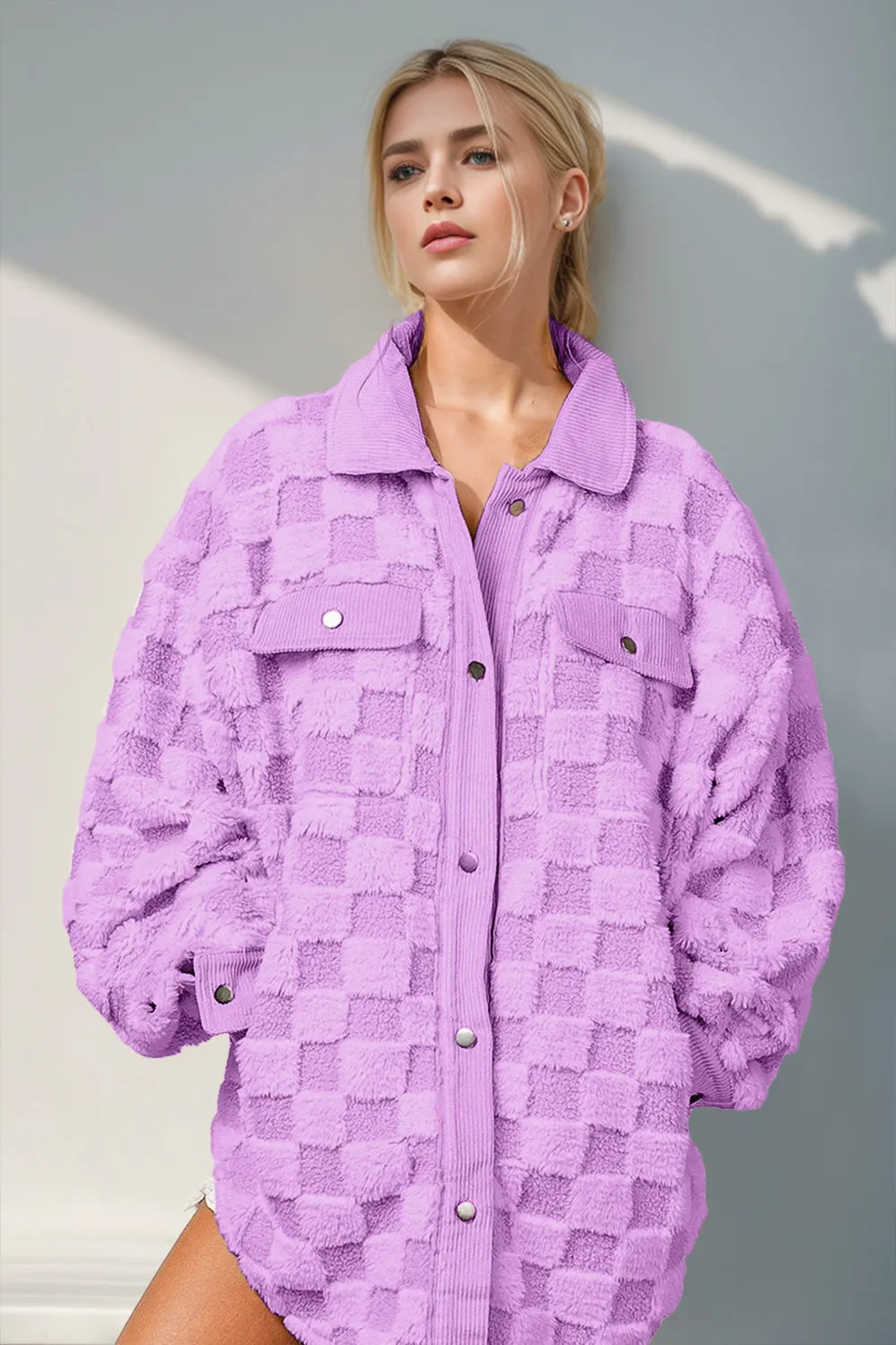 Double Take (Oh) Lilac / S Double Take Button Up Fuzzy Checkered Shacket