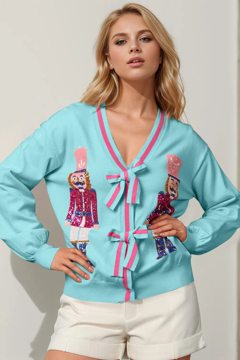 Double Take (Oh) Pastel  Blue / S/M Double Take Full Size Nutcracker Sequin Bow Decor Cardigan