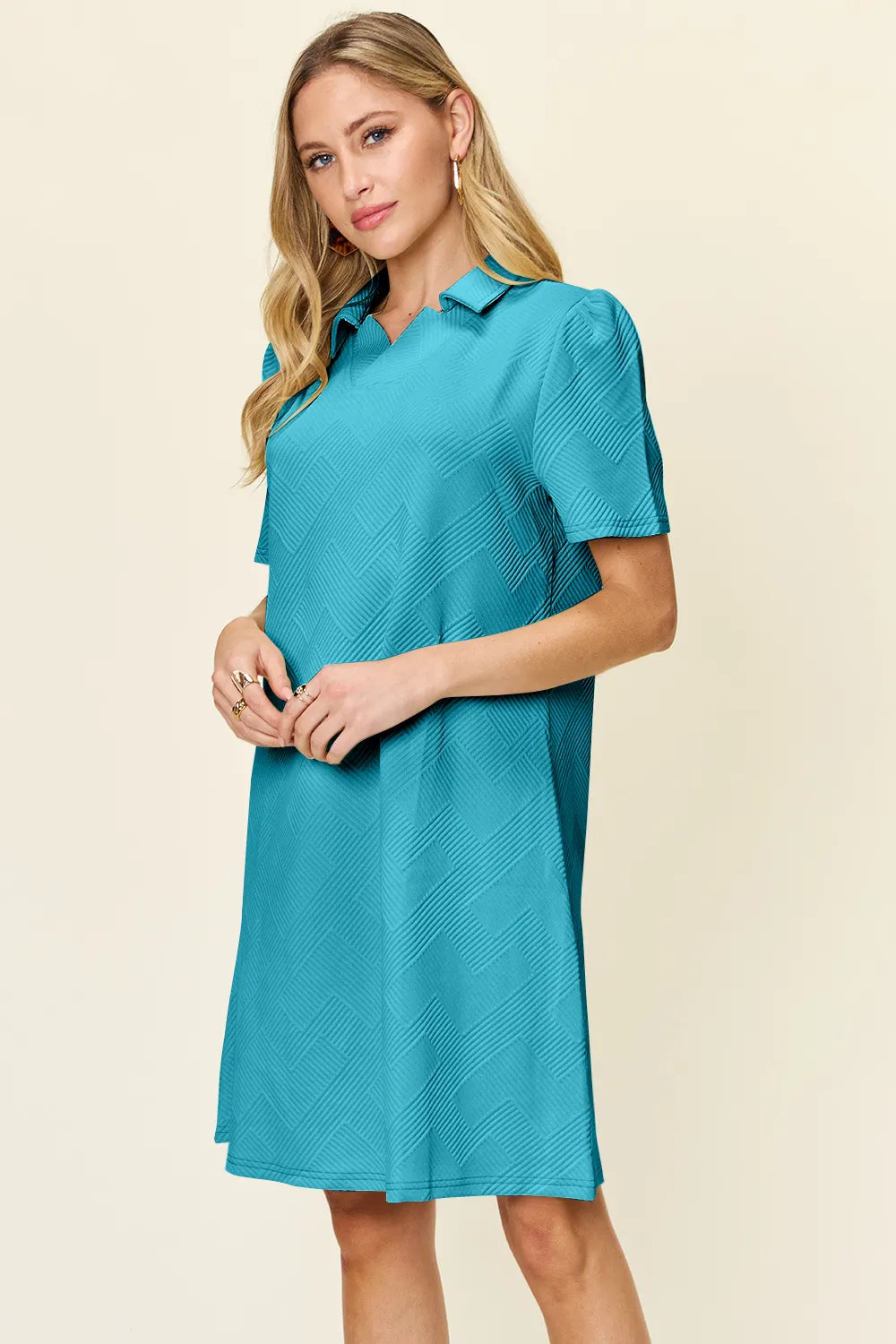 Double Take (Oh) Pastel Blue / S Textured Collared Short Sleeve Dress – Casual Full Size Fit
