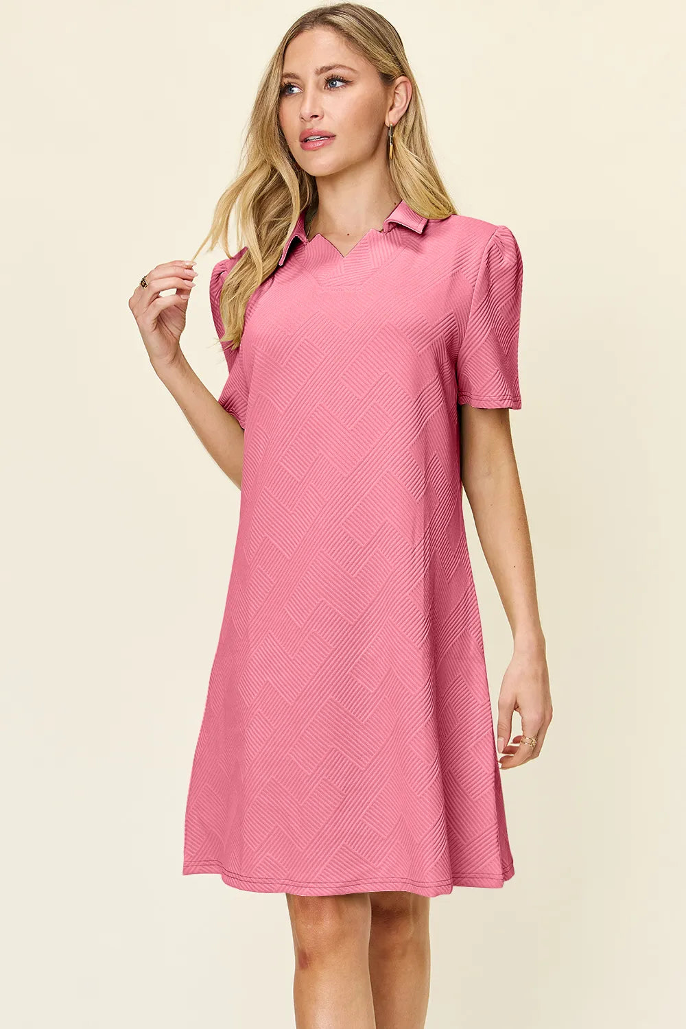 Double Take (Oh) Pink / S Textured Collared Short Sleeve Dress – Casual Full Size Fit