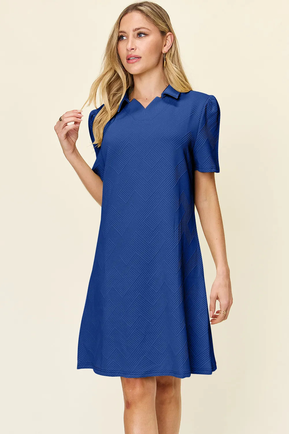 Double Take (Oh) Royal Blue / S Textured Collared Short Sleeve Dress – Casual Full Size Fit