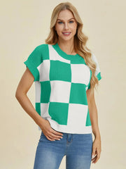 Double Take (Oh) sweaters Turquoise / S Double Take Full Size Checkered Round Neck Short Sleeve Sweater