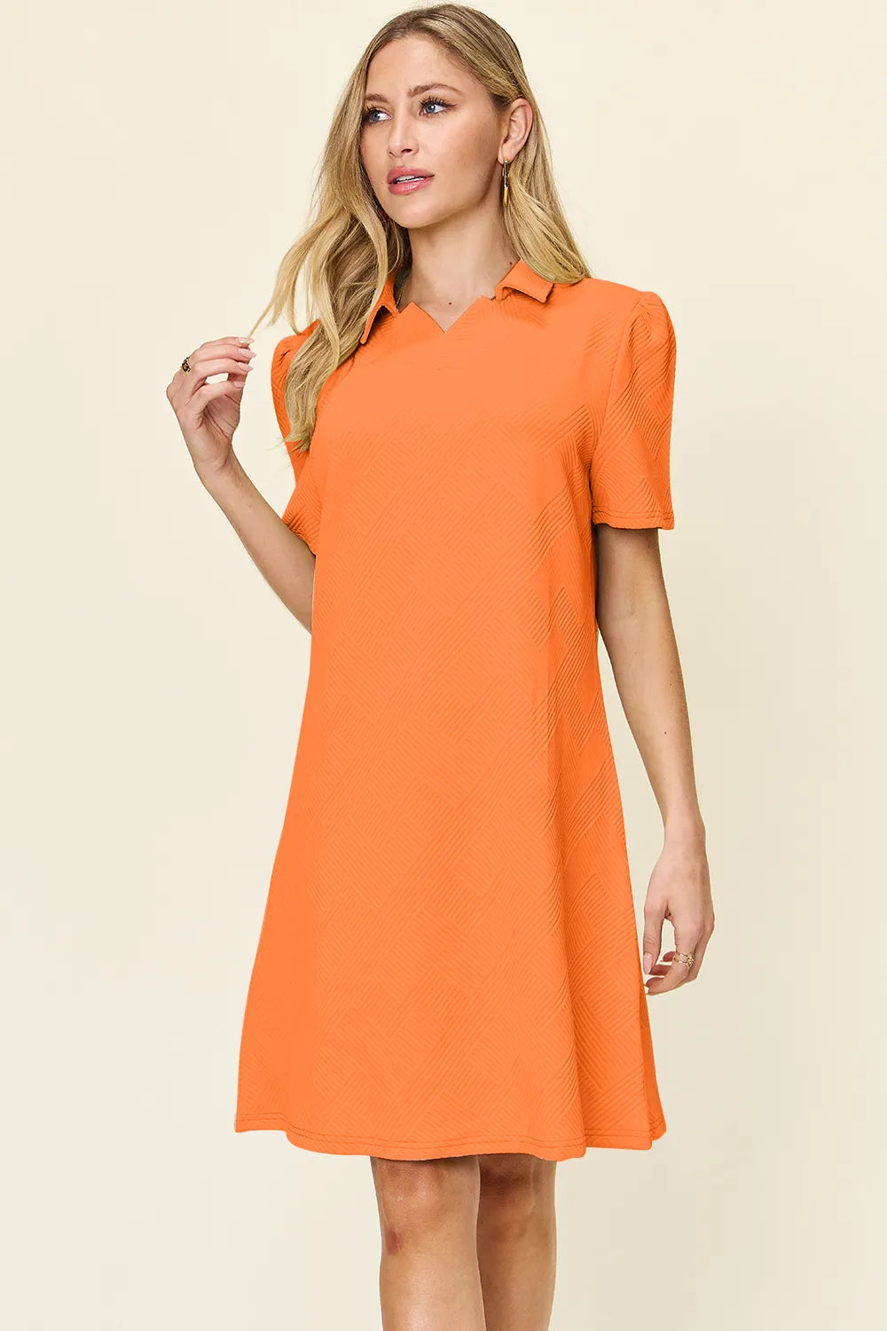 Double Take (Oh) Tangerine / S Textured Collared Short Sleeve Dress – Casual Full Size Fit