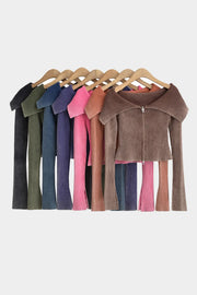 Double Take (Oh) Taupe / S Double Take Ribbed Off-Shoulder Zip Up Long Sleeve Cardigan