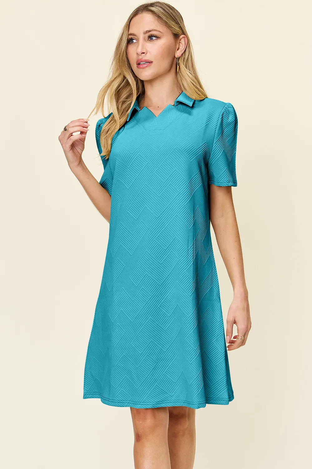Double Take (Oh) Textured Collared Short Sleeve Dress – Casual Full Size Fit