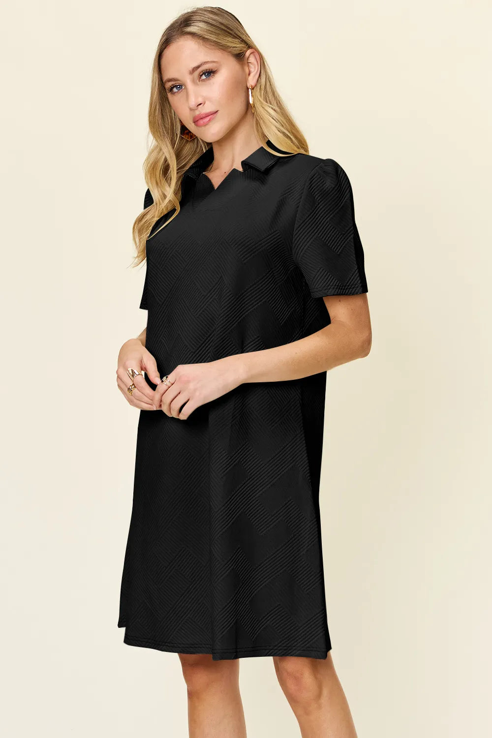 Double Take (Oh) Textured Collared Short Sleeve Dress – Casual Full Size Fit