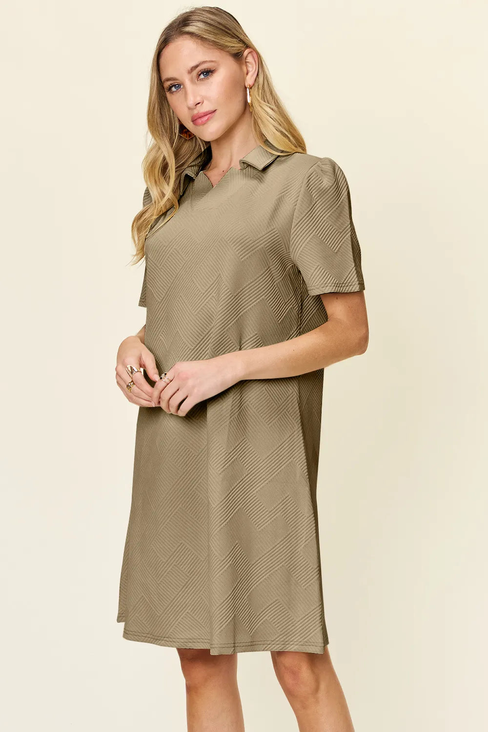 Double Take (Oh) Textured Collared Short Sleeve Dress – Casual Full Size Fit