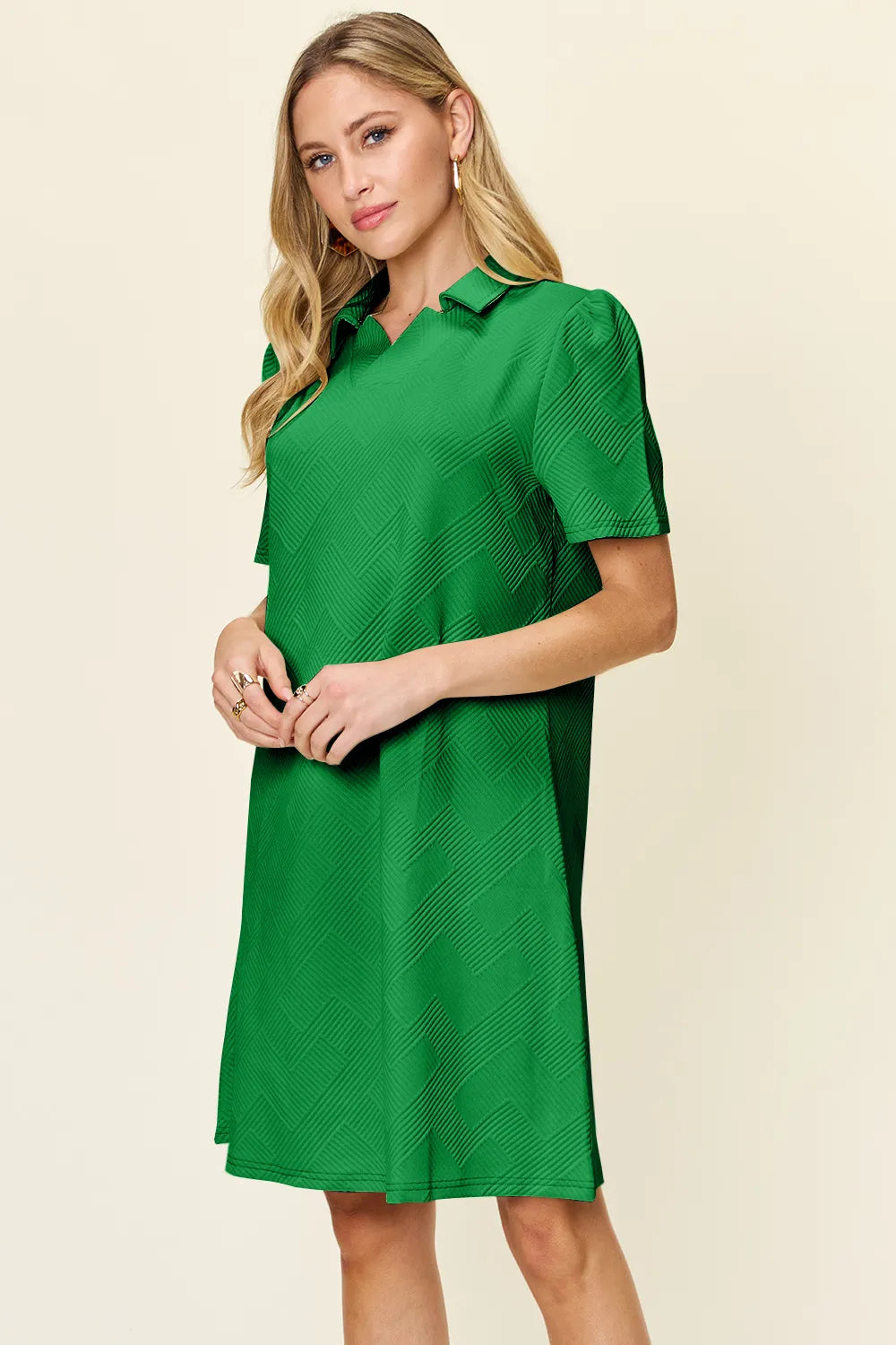 Double Take (Oh) Textured Collared Short Sleeve Dress – Casual Full Size Fit