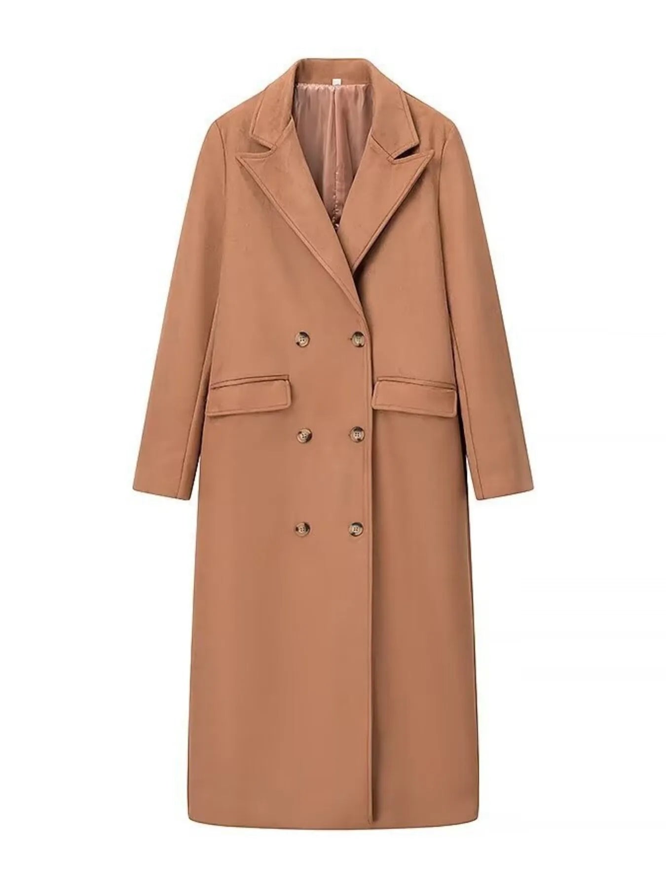 Double Take (Oh) Trench Coats Caramel / S Double-Breasted Lapel Collar Long Coat