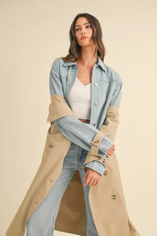 Double Take (Oh) Trench Coats MABLE Layered Look Trench Coat With Denim Jacket