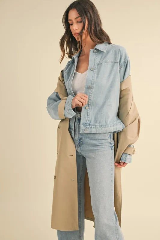 Double Take (Oh) Trench Coats MABLE Layered Look Trench Coat With Denim Jacket