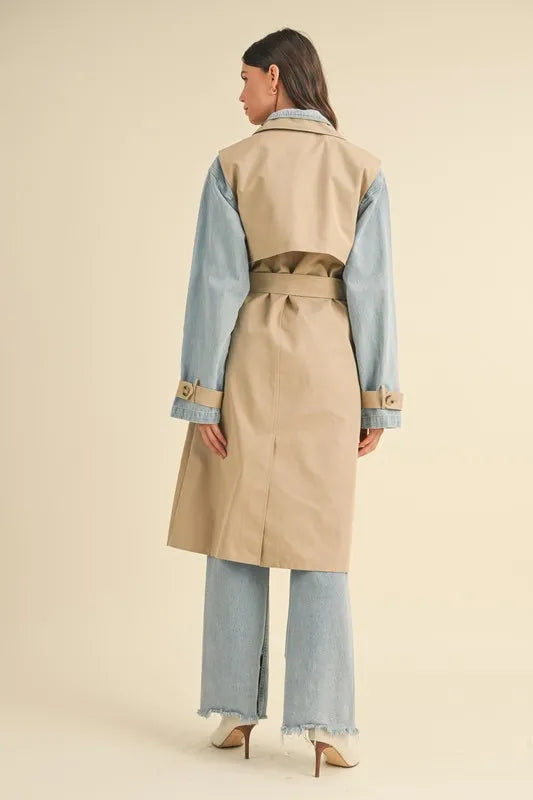Double Take (Oh) Trench Coats MABLE Layered Look Trench Coat With Denim Jacket