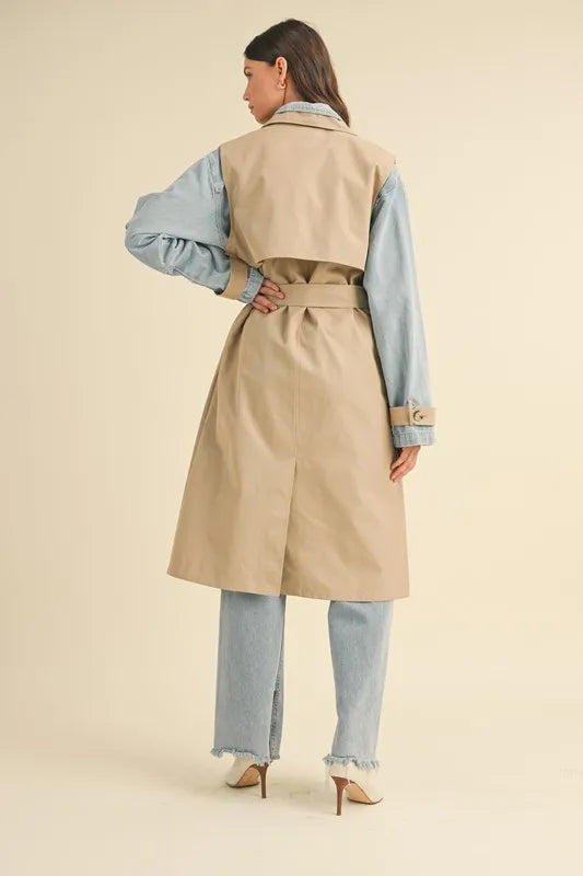 Double Take (Oh) Trench Coats MABLE Layered Look Trench Coat With Denim Jacket