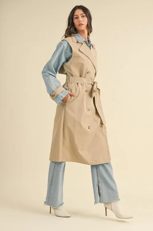 Double Take (Oh) Trench Coats MABLE Layered Look Trench Coat With Denim Jacket