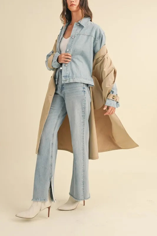 Double Take (Oh) Trench Coats MABLE Layered Look Trench Coat With Denim Jacket