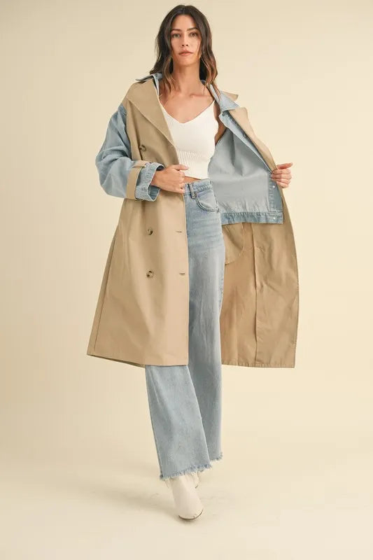 Double Take (Oh) Trench Coats MABLE Layered Look Trench Coat With Denim Jacket