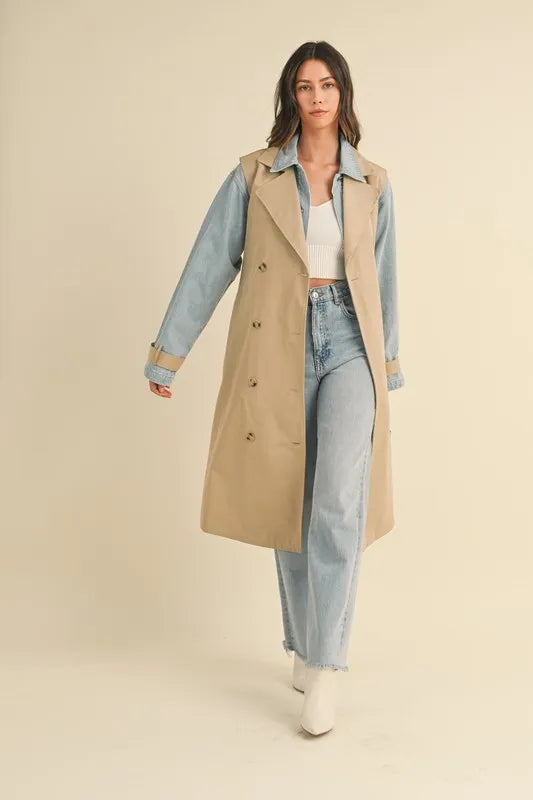 Double Take (Oh) Trench Coats MABLE Layered Look Trench Coat With Denim Jacket
