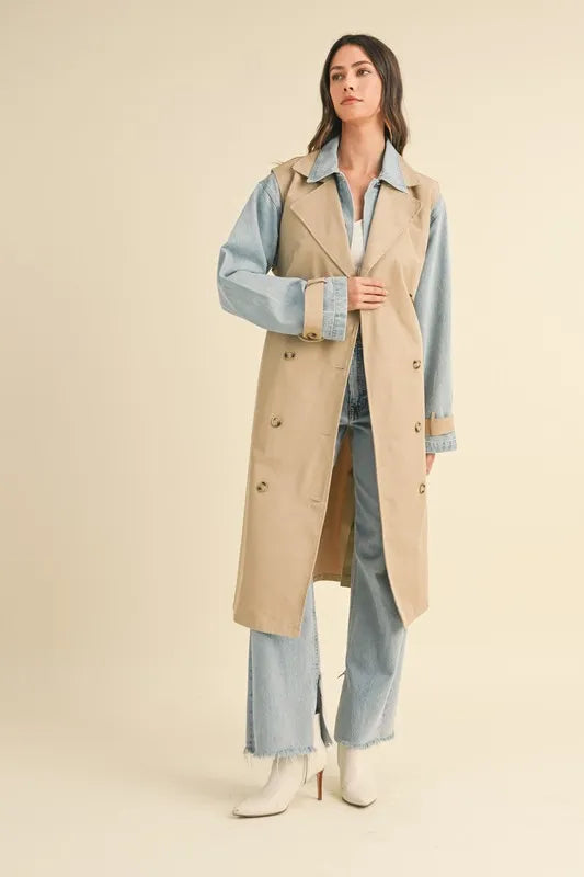 Double Take (Oh) Trench Coats MABLE Layered Look Trench Coat With Denim Jacket