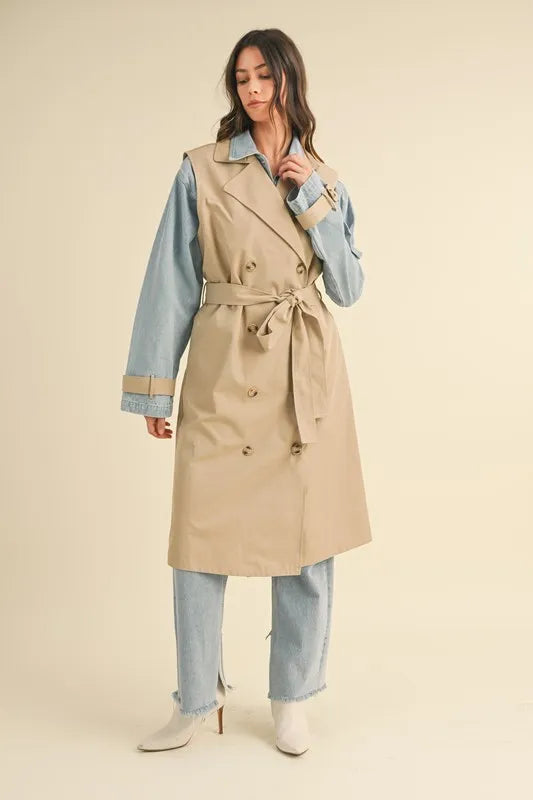 Double Take (Oh) Trench Coats MABLE Layered Look Trench Coat With Denim Jacket