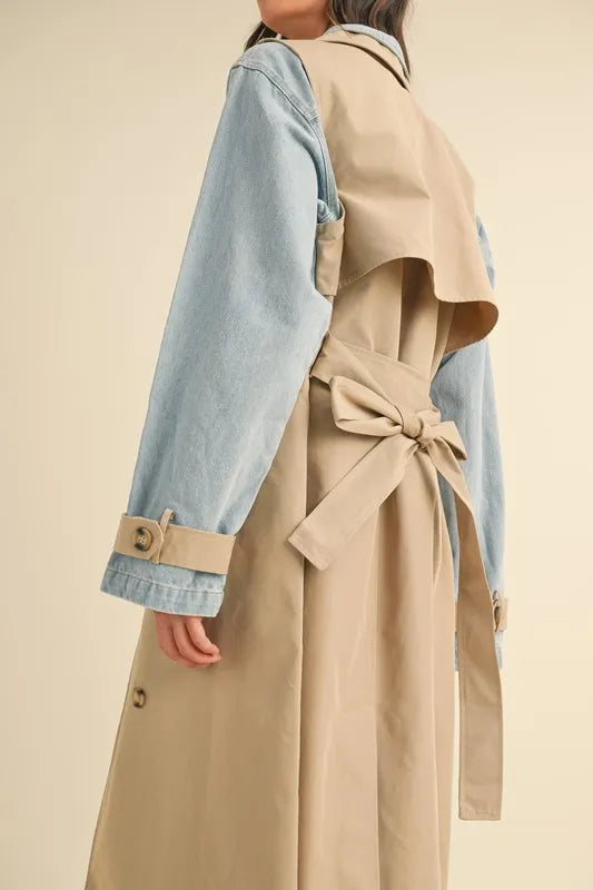 Double Take (Oh) Trench Coats MABLE Layered Look Trench Coat With Denim Jacket