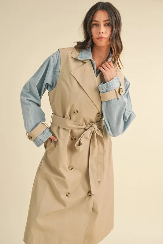 Double Take (Oh) Trench Coats MABLE Layered Look Trench Coat With Denim Jacket