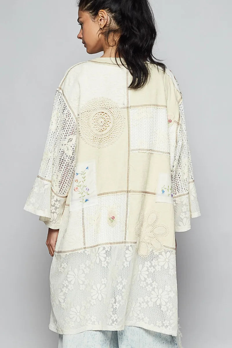 Double Take (Oh) Trench Coats POL Double Gauze and Lace Mix Cardigan with Embroidered Detail