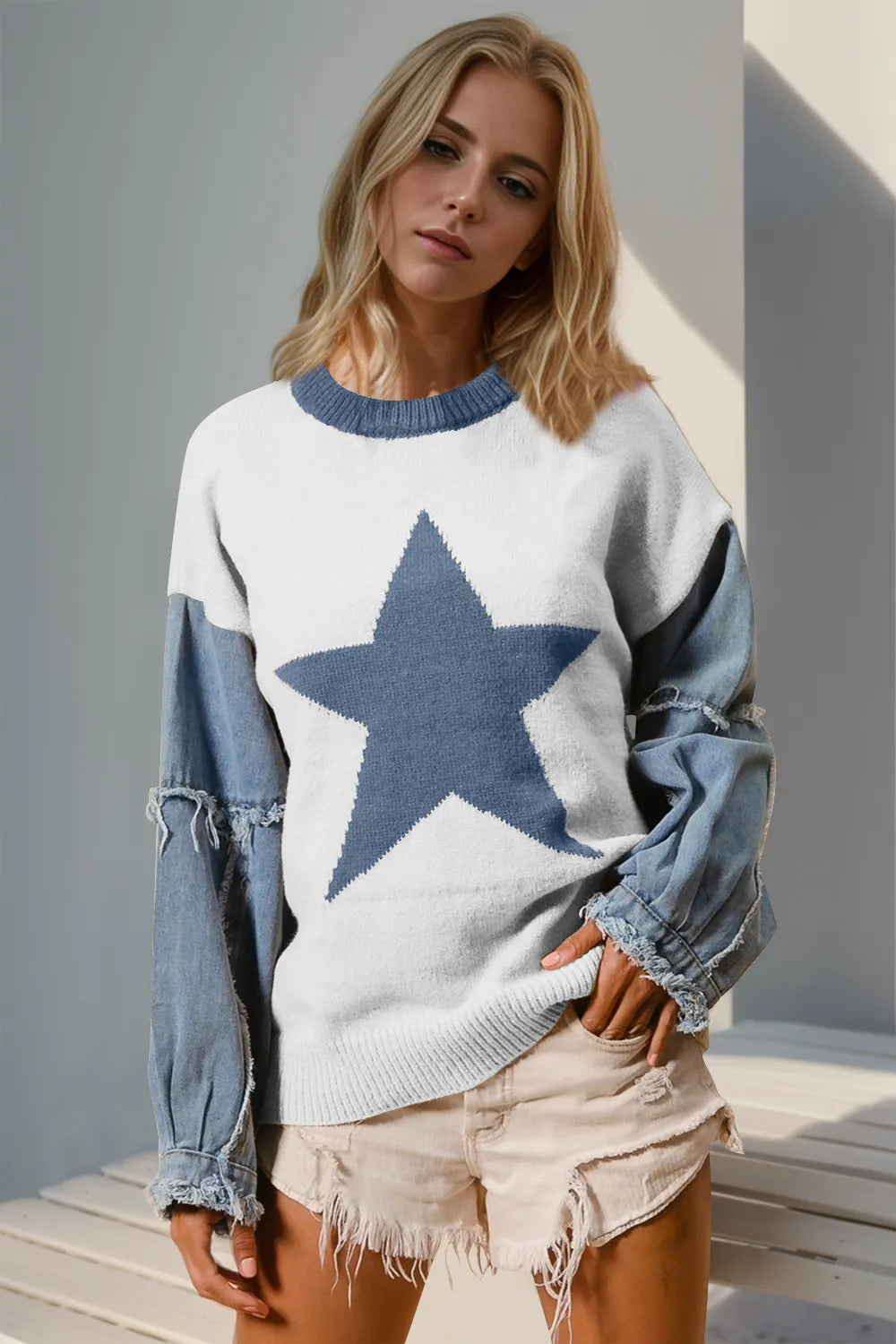Double Take (Oh) White / S/M Double Take Full Size Star Pattern Raw Edge Long Sleeve Sweater