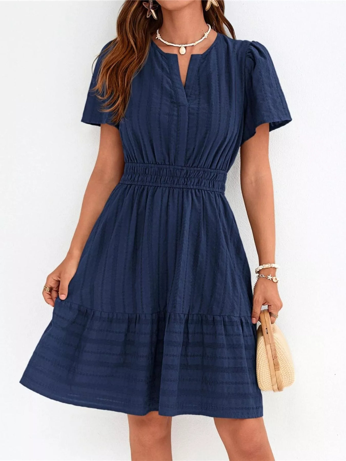 Short sleeve smocked waist tiered midi dress side view