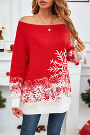 Off-Shoulder Long Sleeve Sweater Red - Fashorio