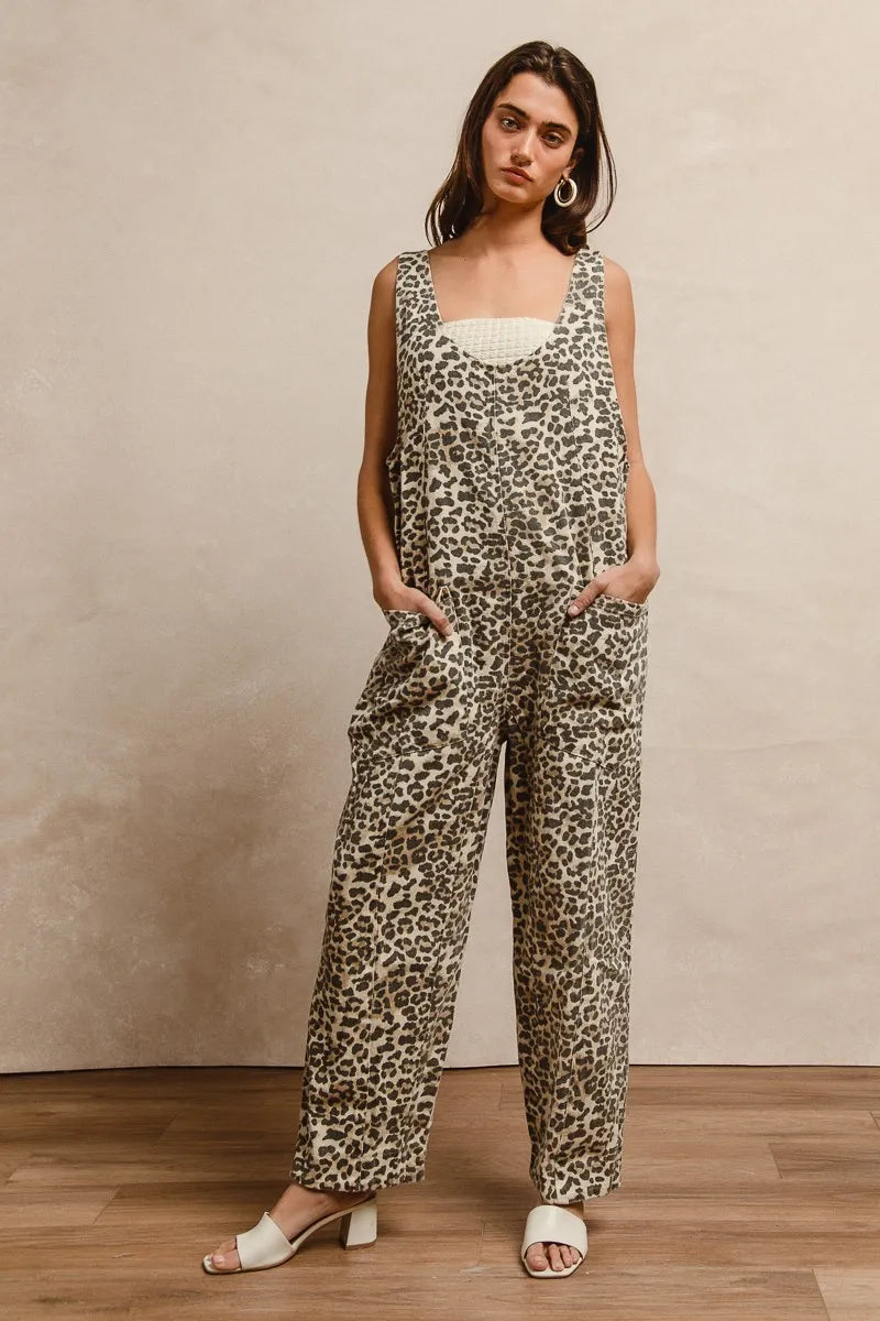 BiBi Leopard Print Adjustable Strap U Neck Jumpsuit LEOPARD - Fashorio