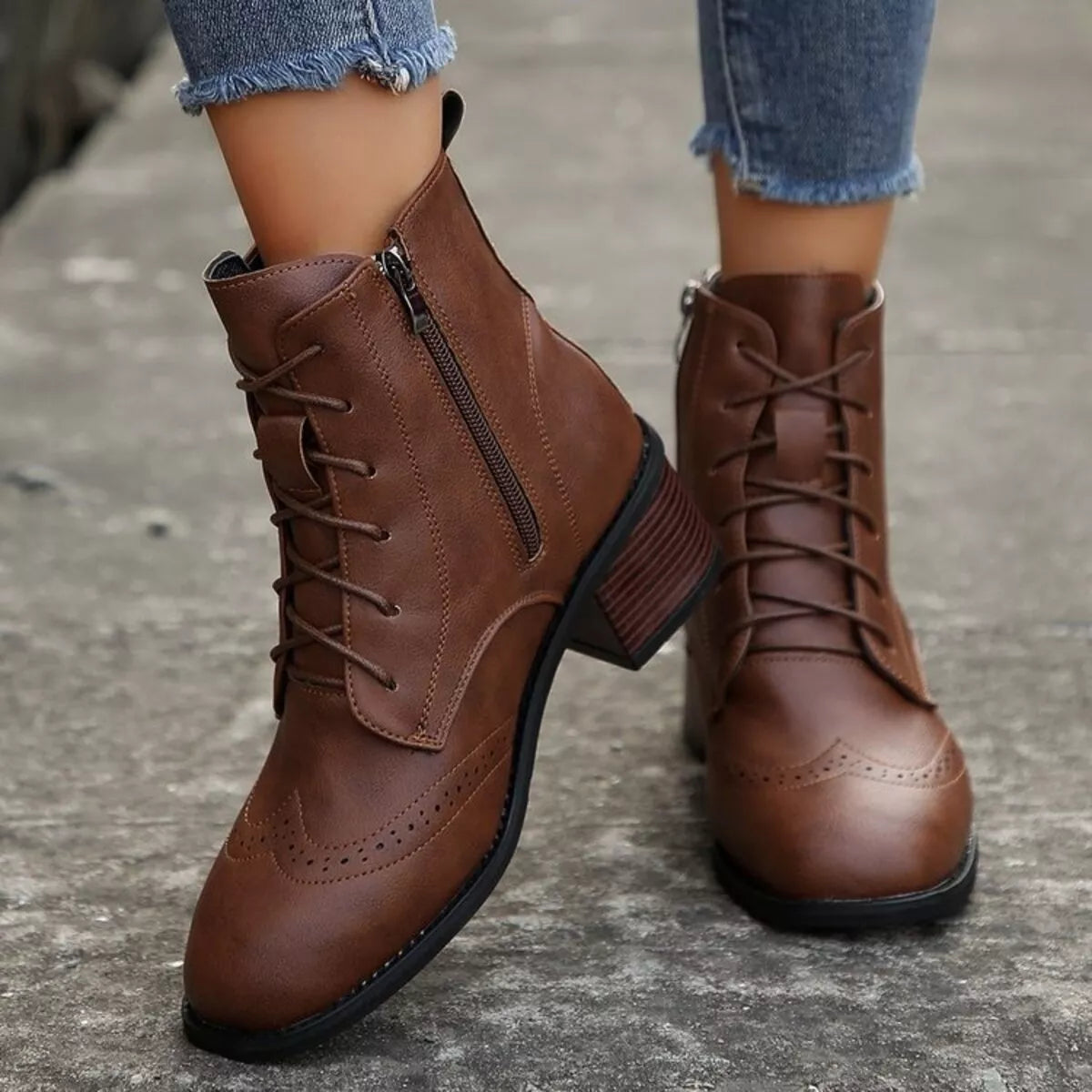 Lace up ankle boots with zipper styled with denim