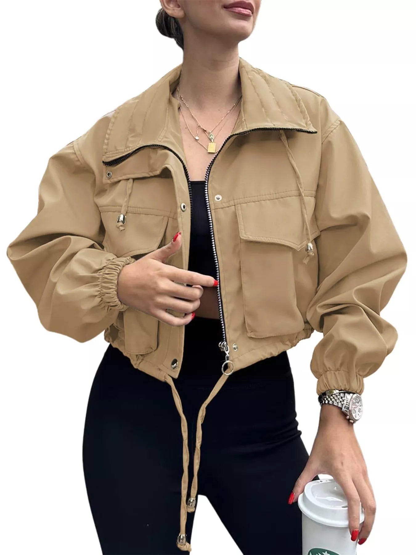 Drawstring Hem Zip Up Jacket - Fashorio