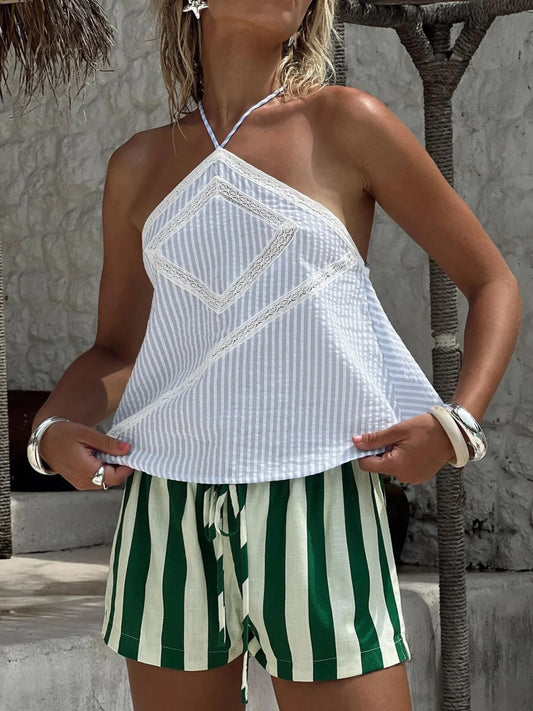 Striped Halter Neck Cami Light Blue - Fashorio