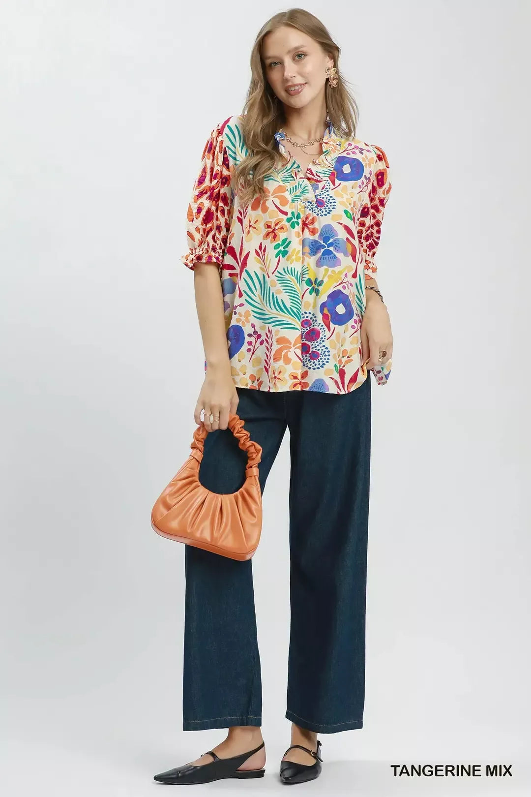 Tangerine V neck ruffle trim puff sleeve top front view