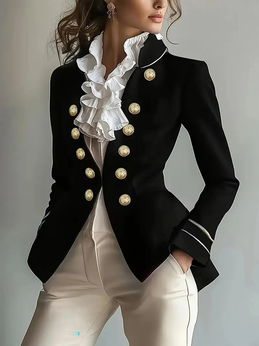 Decorative Button Hight-Low Blazer with Cuff Trim Black - Fashorio