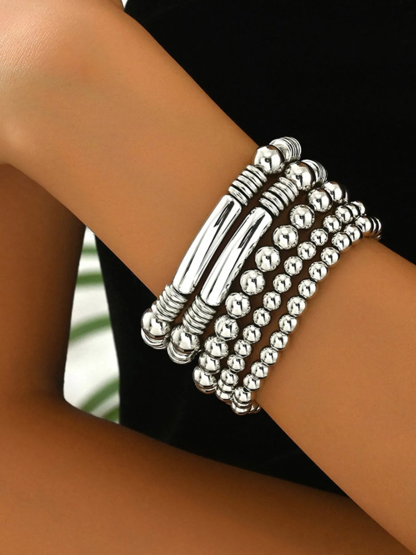 5 Piece Stainless Steel Beaded Bracelet Silver One Size - Fashorio