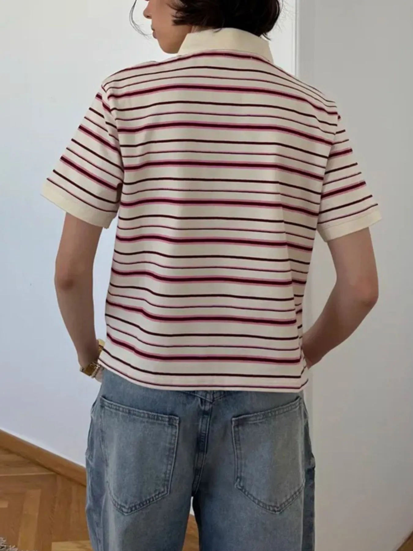 Striped Polo T-Shirt with Contrast Collar - Fashorio