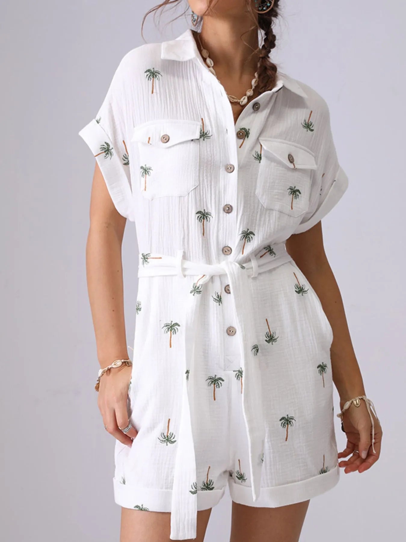 Palm Tree Print Short Sleeve Button-Up Romper with Belt - Fashorio