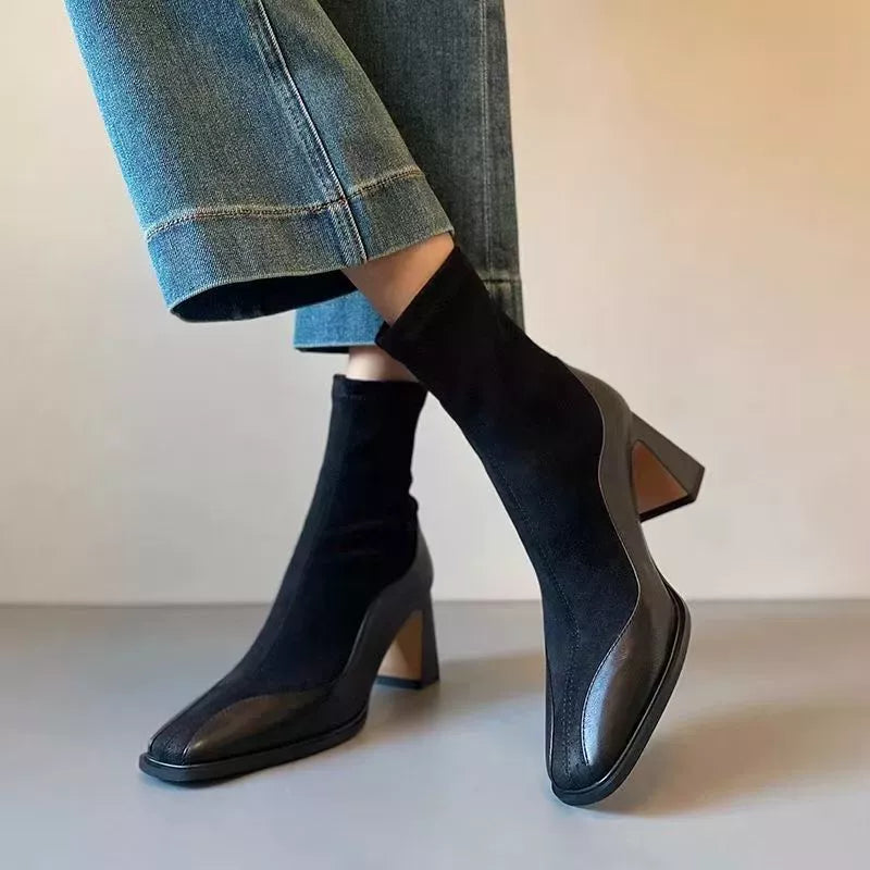 Square toe block heel boots top down view