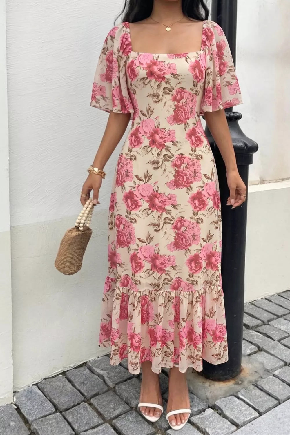 Floral flutter sleeve midi dress side view