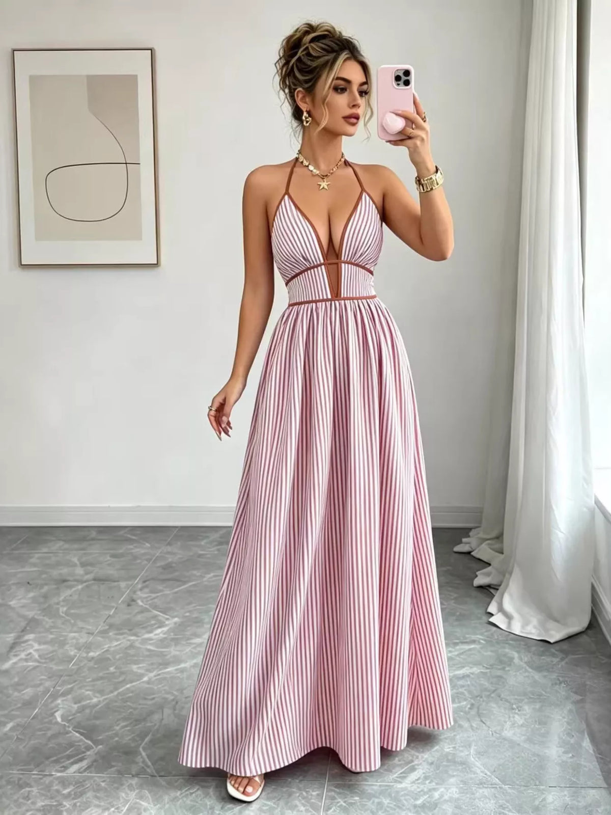 Pink striped halter maxi dress tie back detail