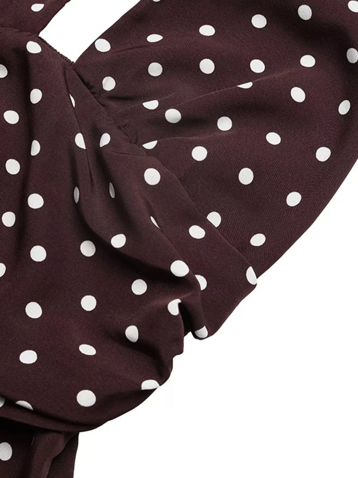brown polka dot halter neck maxi dress three quarter view